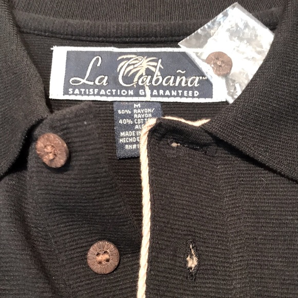 NWOT La Cabaña short sleeve polo shirt, medium, black/gold trim, fancy buttons - Picture 5 of 5
